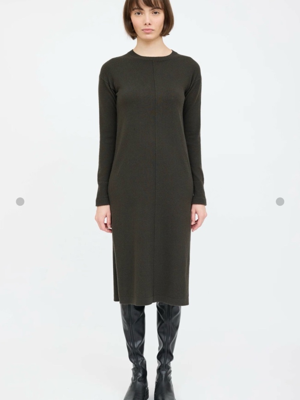 Cashmere Helmut Lang Knit Long-Sleeve Crewneck Dress in Dark Olive